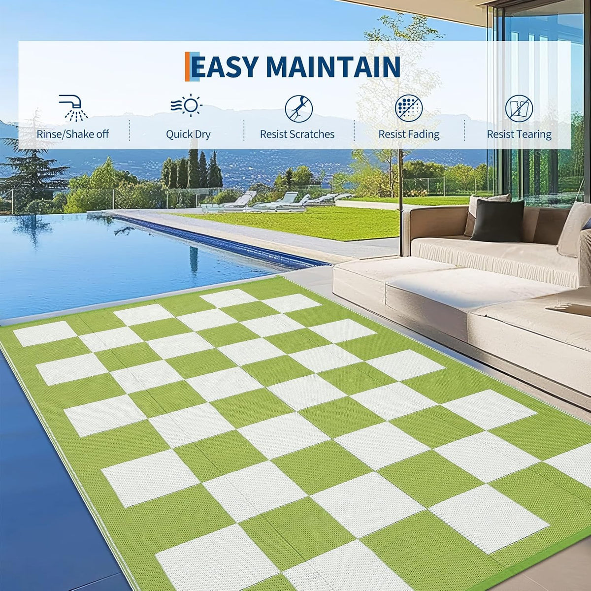 9 * 18ft Checkerboard Outdoor Rug, Reversible Woven Plastic Straw Patio Mat, Portable Floor Mat, Checkered Camping Carpet with Corner Loops for RV, Deck, Picnic, Balcony, Green & White