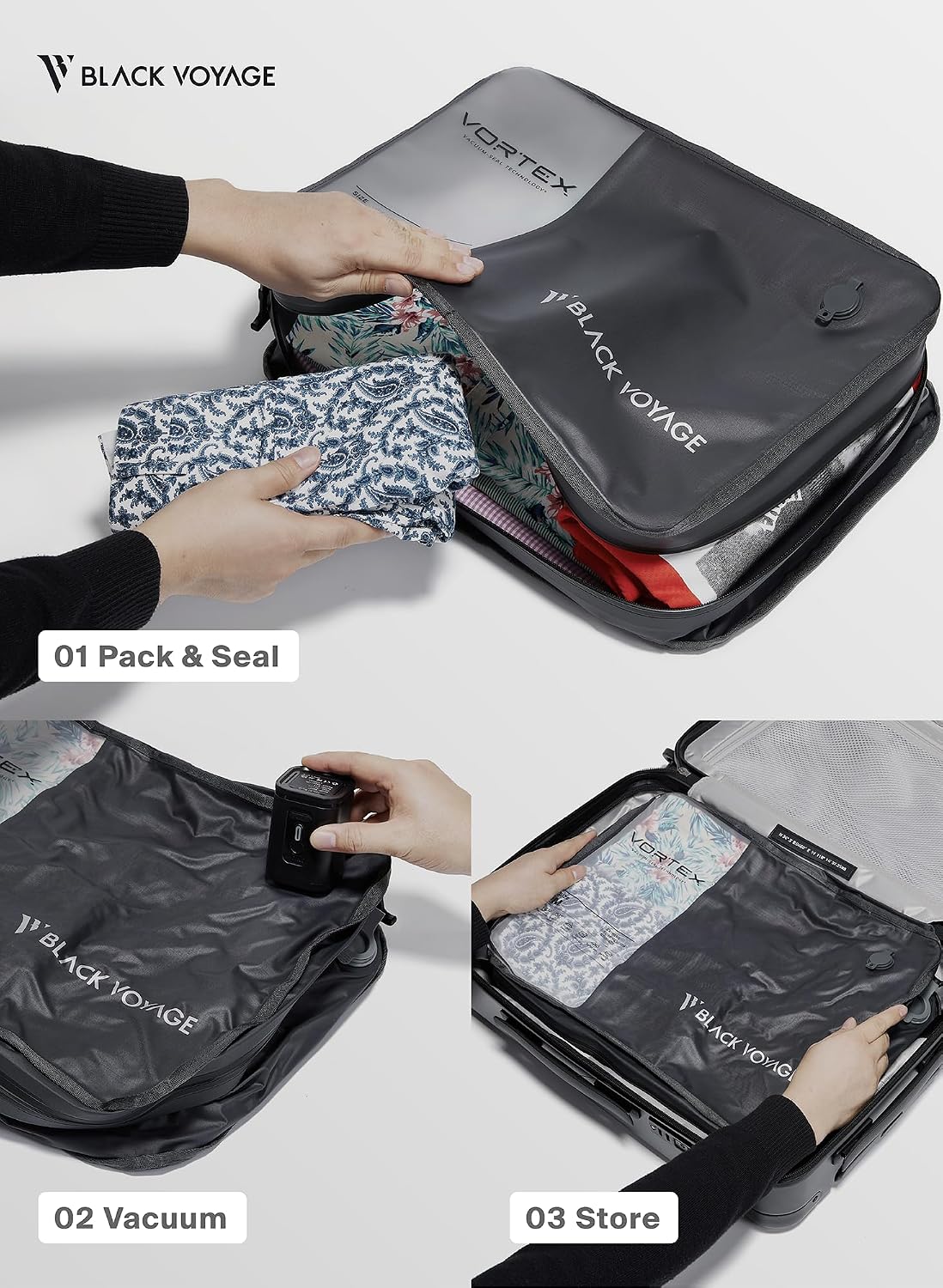 Black Voyage Reusable Vacuum Compression Travel Bag for Carry-On Suitcase and Backpack, Recycled IPX8 Waterproof Space Saver Vacpack (2-Pack, 21L - Pump Included)