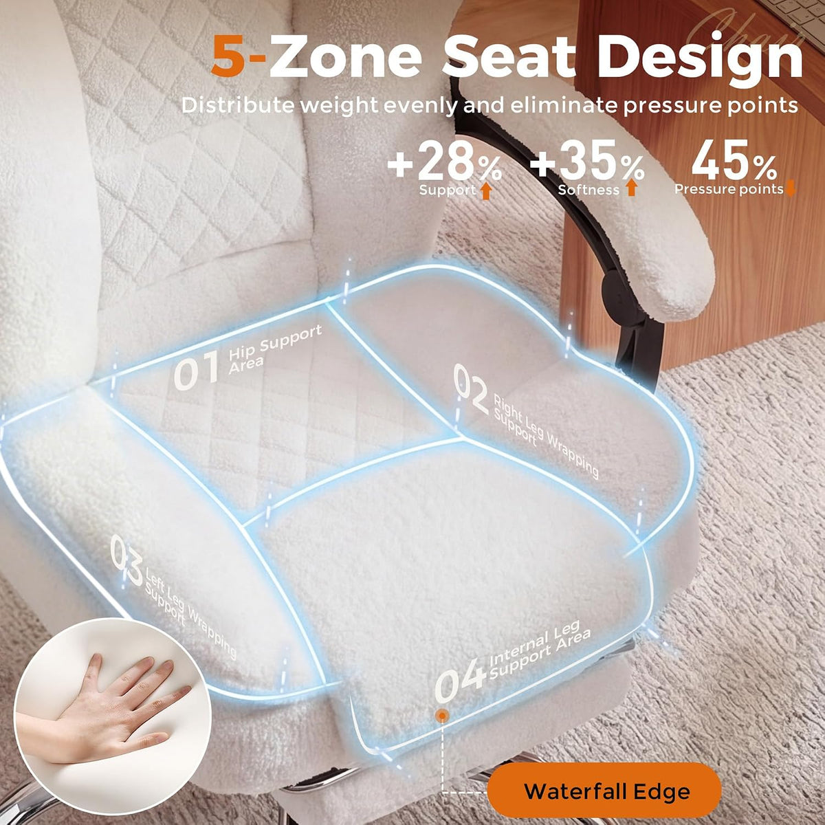 GTPLAYER Big and Tall Office Chair with Pocket Spring Cushion & Ergonomic Lumbar Support for Lower Back Pain Relief, High Back Computer Gaming Chair with Foot Rest, Comfy Teddy Fleece, White