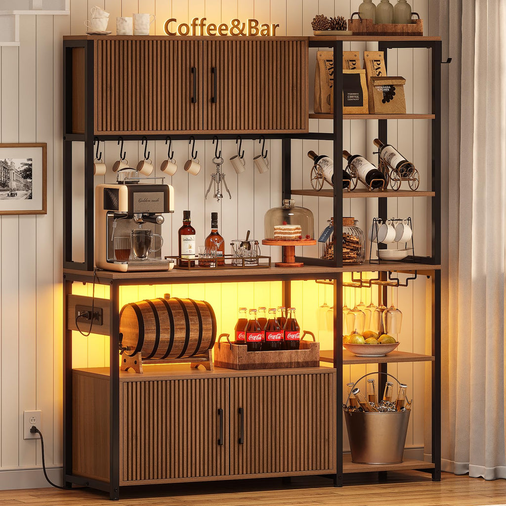 Itaar Bakers Rack with Power Outlet and LED Light, 45.3 Inch Farmhouse Coffee Bar Cabinet, Kitchen Microwave Stand with Storage, Glass Cabinet, Goblet Holder and 8 Hooks, Black