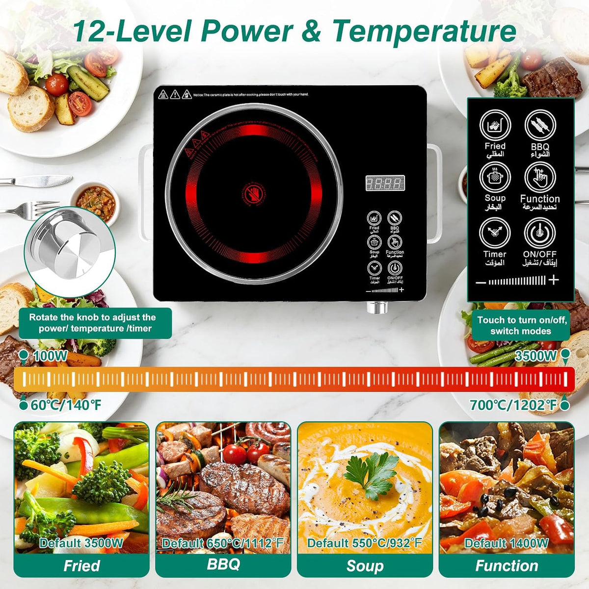 Electric Countertop Single Burner, 3500W Ceramic Cooktop with Crystal Glass Hot Plate & Stay Cool Handles, 12 Level Temperature Control, LED Display, Touch Control, Cooking Stove for Home Camping RV