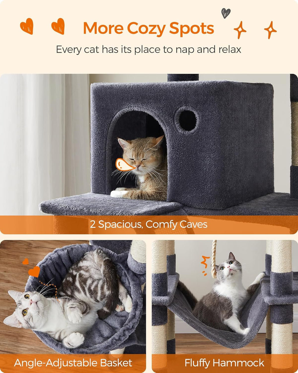 Feandrea Cat Tree, 81.1-Inch Large Cat Tower, Multi-Level Condo, Smoky Gray