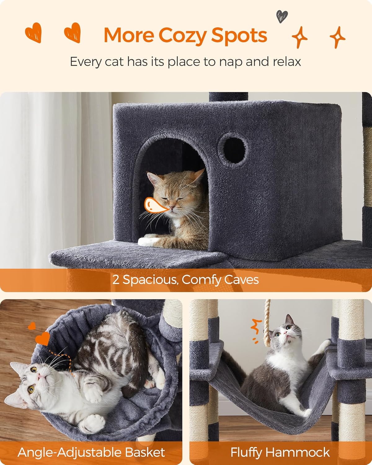 Feandrea Cat Tree, 81.1-Inch Large Cat Tower, Multi-Level Condo, Smoky Gray