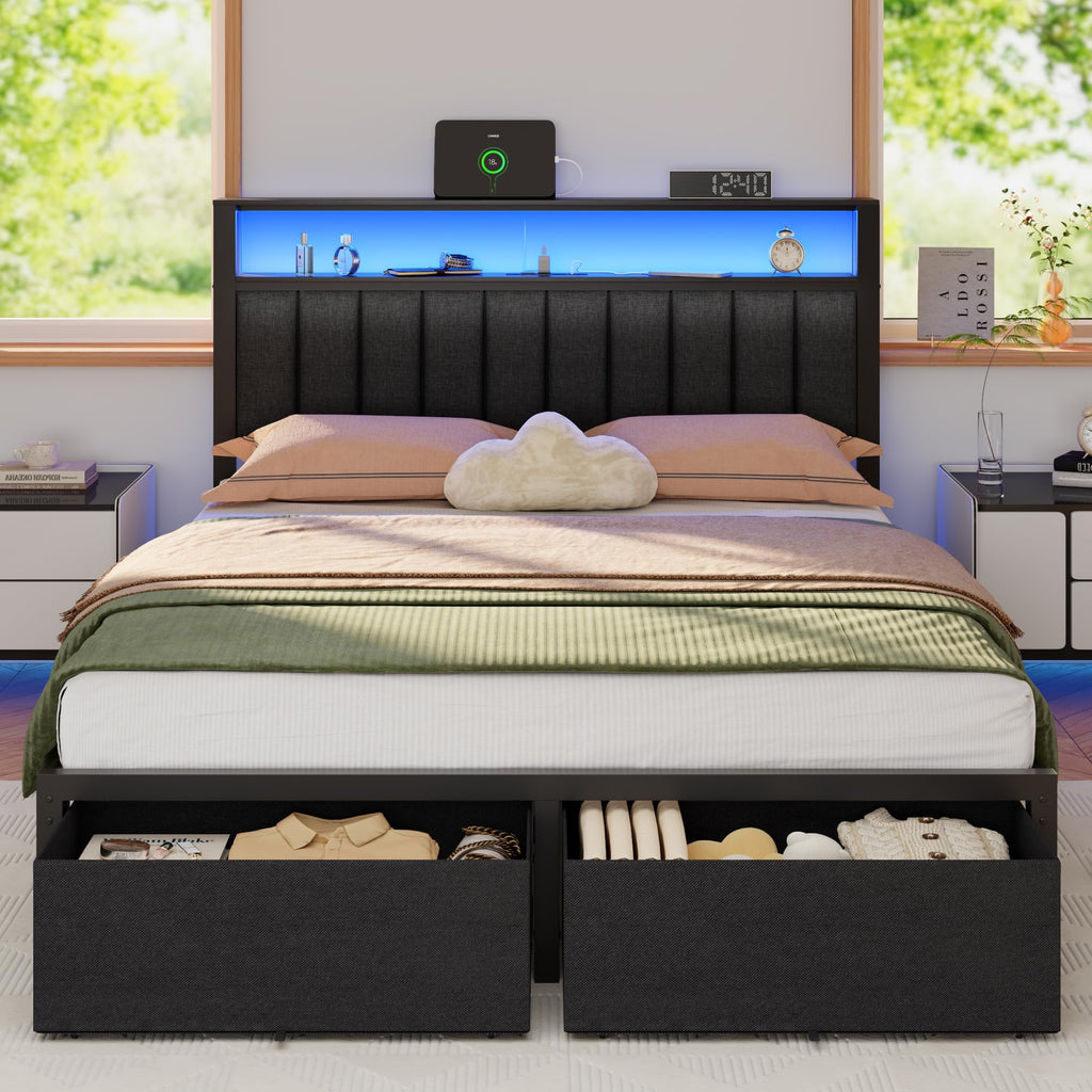 Furnulem Twin Bed Frames with Storage Drawers and Upholstered Headboard