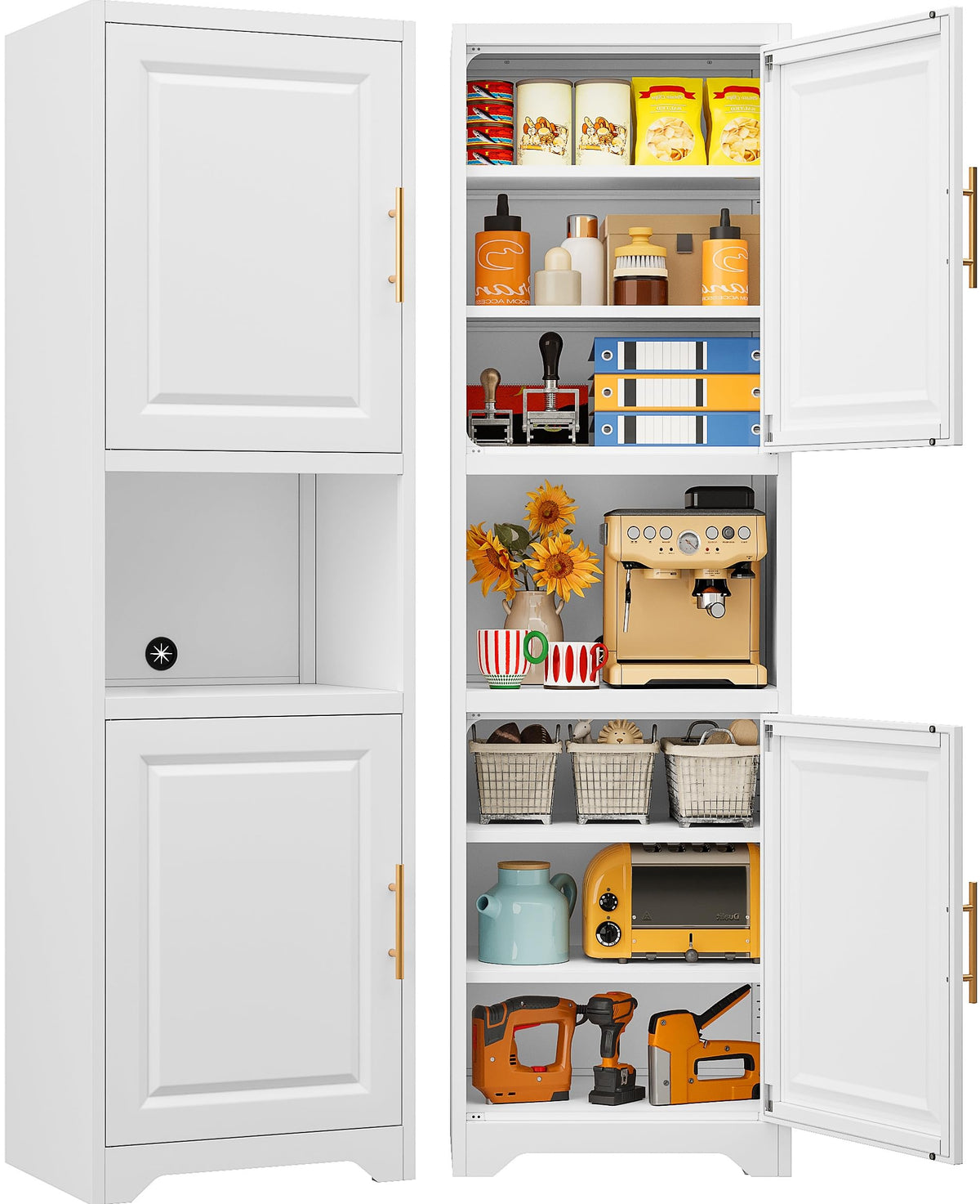 SISESOL 67" Tall Narrow Bathroom Storage Cabinet, 2 Door and 7 Shelves Slim Kitchen Pantry Cabinet, White Metal Bathroom Cabinets,Large Cupboard for Home,Kitchen,Laundry,Bathroom
