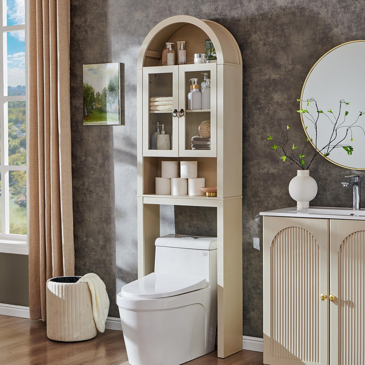 IFGET Arched Over The Toilet Storage Cabinet w/Acrylic Doors, Antique White