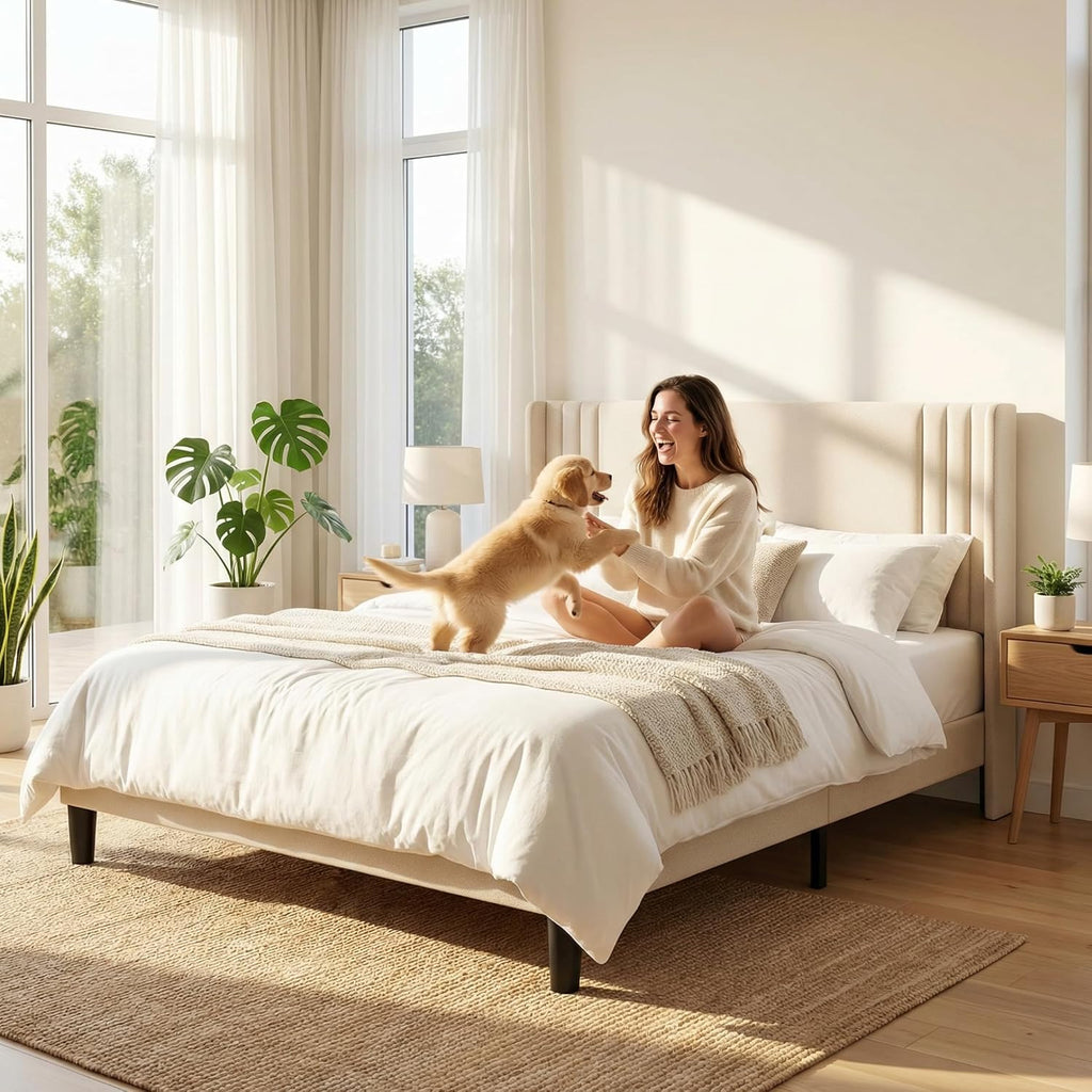 Gizoon Queen Bed Frame with Wingback Headboard, Upholstered Platform Bed