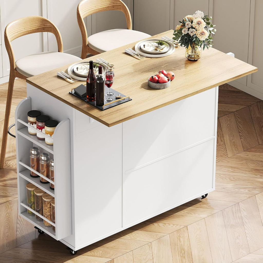IRONCK 41.3" Kitchen Island Cart with Drop Leaf & Side Shelves, White