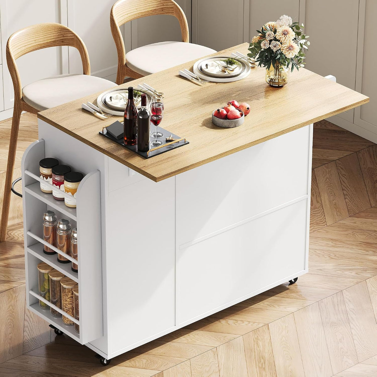 IRONCK 41.3" Kitchen Island Cart with Drop Leaf & Side Shelves, White