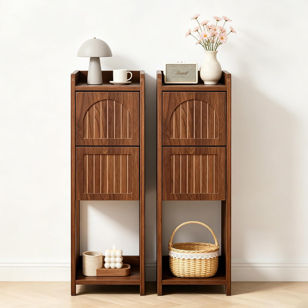 Narrow Nightstand Set of 2, Wooden Small 2 Drawer Nightstand, Slim Side End Table, Skinny Bedside Table, Mid Century Modern Night Stand with Drawers for Bedroom (Walnut-2 pcs)