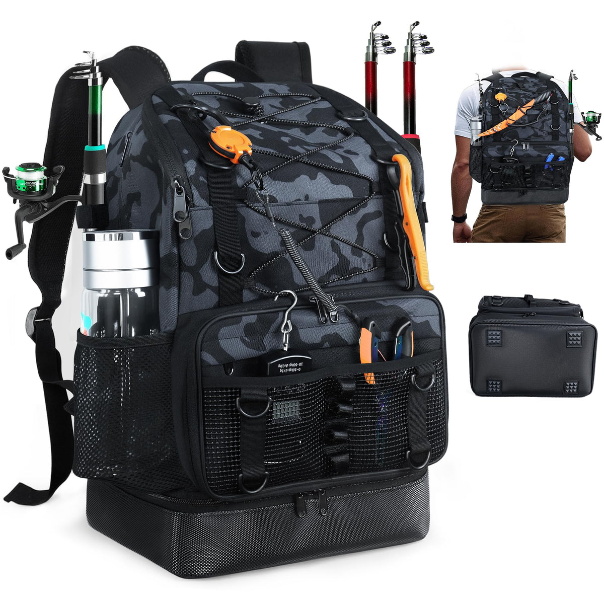Fishing Backpack with Rod Holder, Heavy Duty Fishing Bag with Waterproof Bottom, Tackle Backpack Gifts for Man Woman-Black