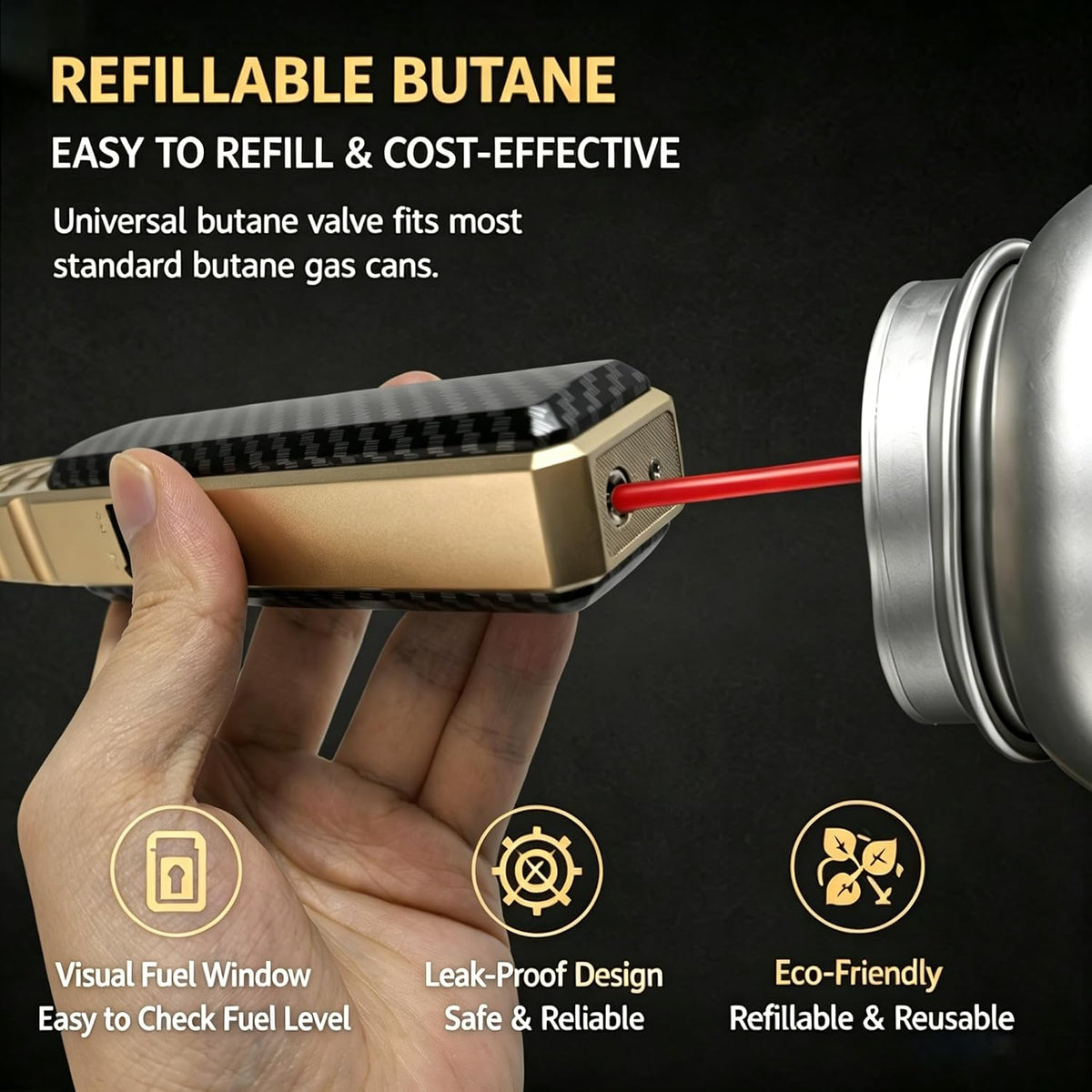 Butane Torch Lighter, Windproof Straight Torch Blue Flame Lighter, Turbine Jet Torch Lighter, Refillable Kitchen Cooking Lighter with Safety Lock for BBQ, Baking(Gas Not Included) (Black+Gold)