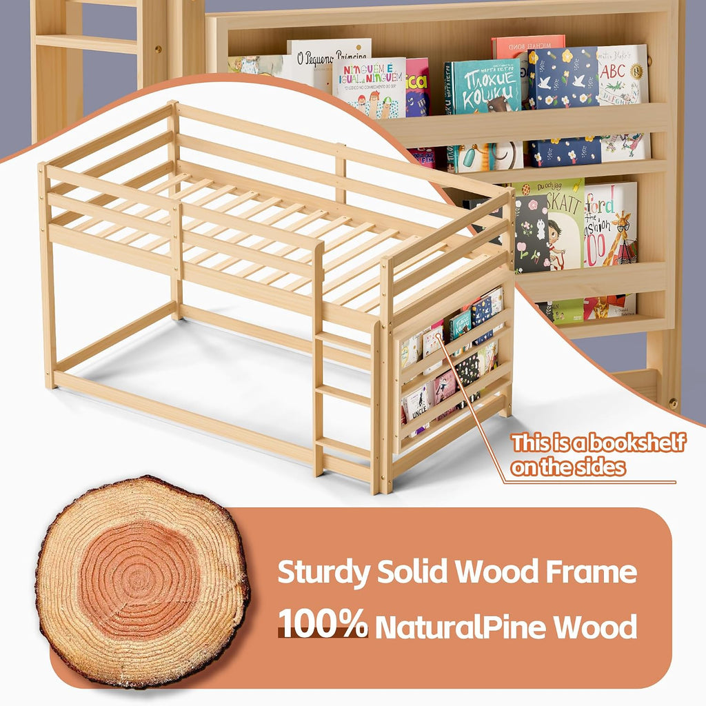 TOLEAD Low Bunk Bed Twin Over Twin, Floor Bunk Bed with Bookshelf&Ladder, Twin Bunk Bed with Full Guardrails, Wooden Bunk Bed for Juniors, Boys, Girls, Kids, Bedrooms (Natural)