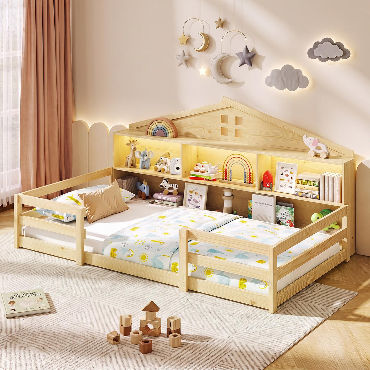 GIANTEX Full Size Floor Bed for Kids, Wooden Montessori Bed Frame with Bookcase, Storage Shelves & Safety Fence Rails, Floor Beds Full for Girls, Boys, No Box Spring Needed, Without Slats, White