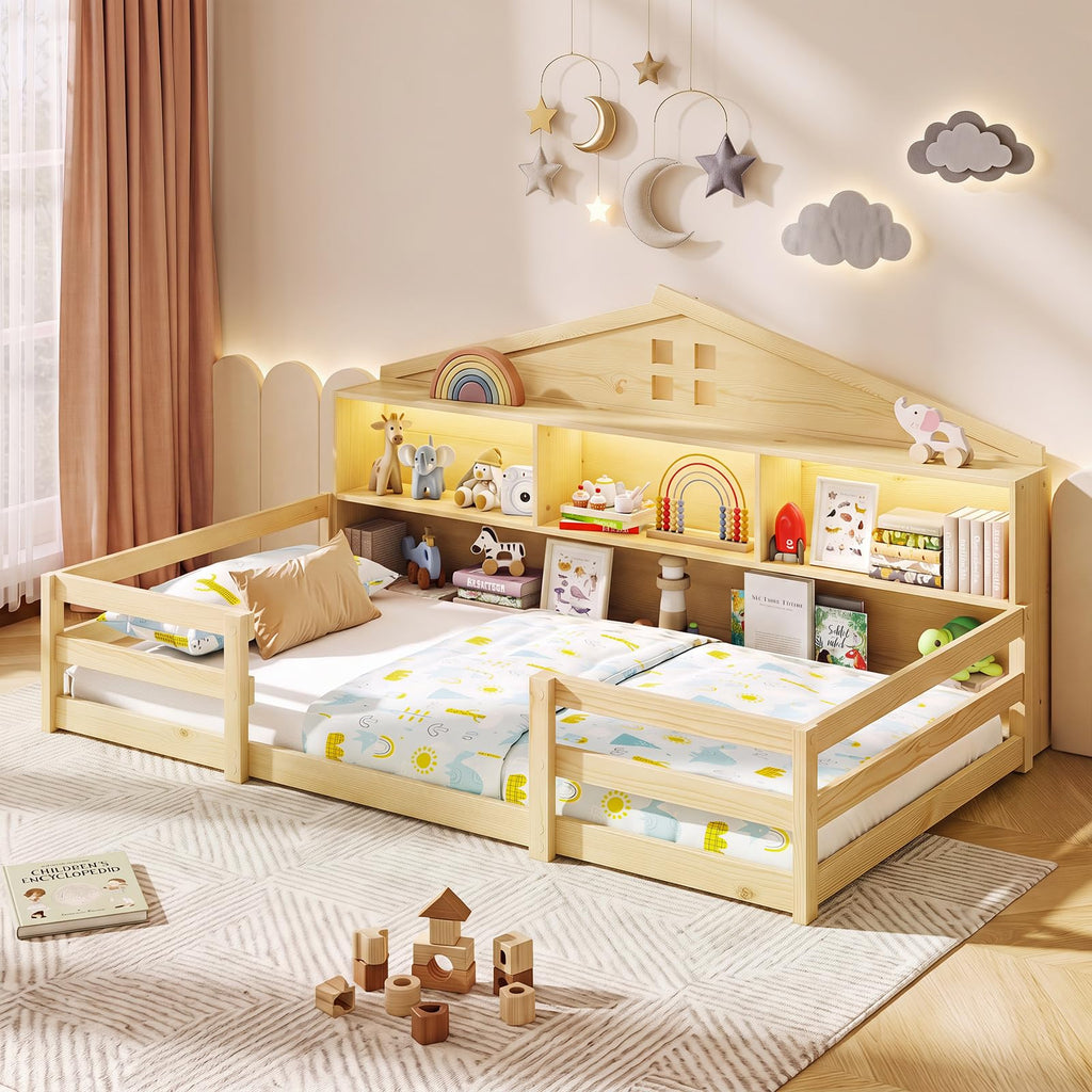 GIANTEX Twin Floor Bed with Fence for Kids, Wooden Montessori Bed Frame with Lockable Door & Guardrails, Low Floor Beds for Kids, Boys, Girls, No Box Spring Needed, Without Wood Slats, White