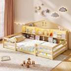 GIANTEX Twin Floor Bed with Fence for Kids, Wooden Montessori Bed Frame with Lockable Door & Guardrails, Low Floor Beds for Kids, Boys, Girls, No Box Spring Needed, Without Wood Slats, White