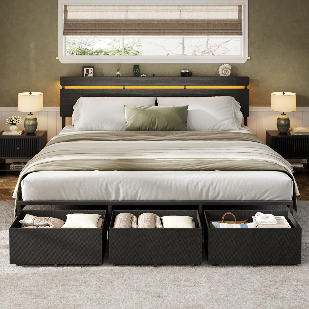 Forestell Queen Bed Frame with Wood Headboard,2 Storage Drawers & Shelf