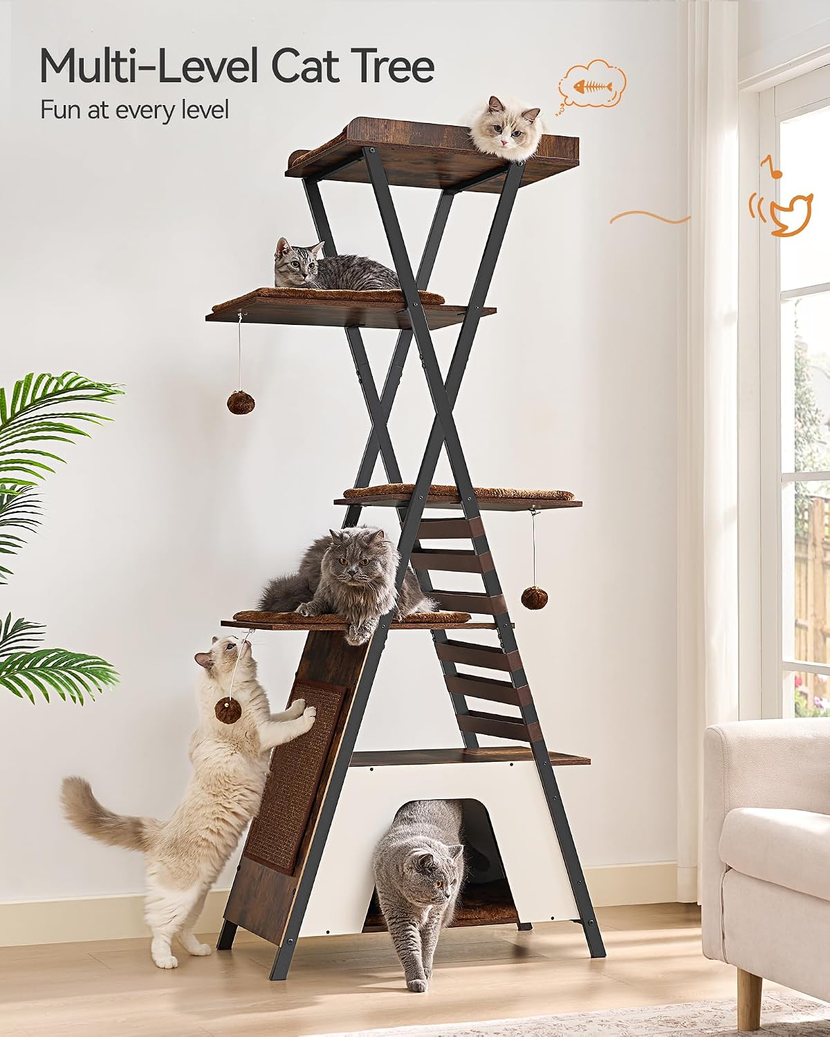 FourFurPets 72.4" Modern Cat Tree for Indoor Cats, Multi-Level Cat Condo