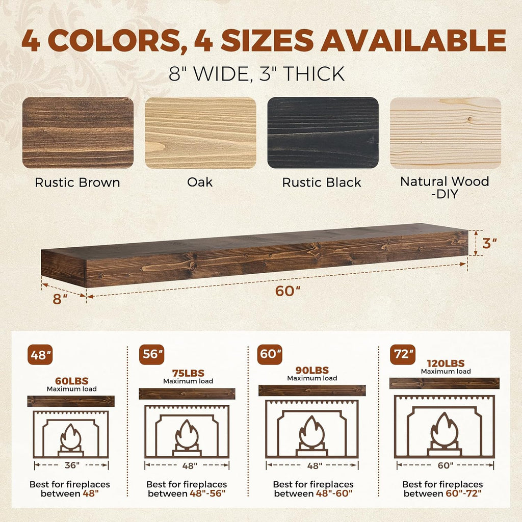 60x8x3in Rustic Fireplace Mantel Pine Wood, Weathered Brown