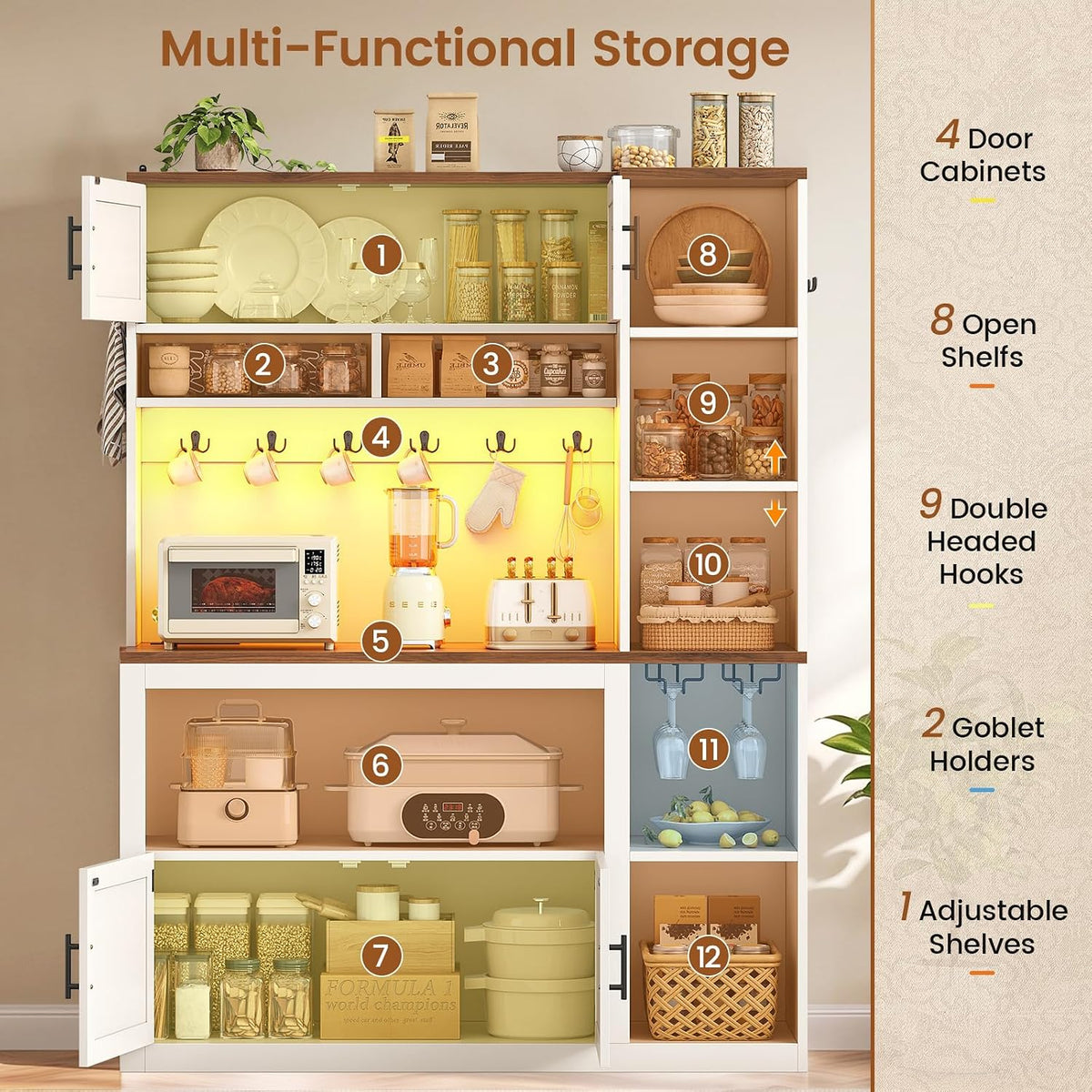 Itaar Farmhouse Bakers Rack Coffee Bar Cabinet with Storage, Power Outlet