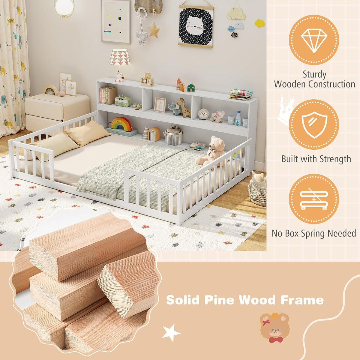 GIANTEX Full Size Floor Bed for Kids, Wooden Montessori Bed Frame with Bookcase, Storage Shelves & Safety Fence Rails, Floor Beds Full for Girls, Boys, No Box Spring Needed, Without Slats, White