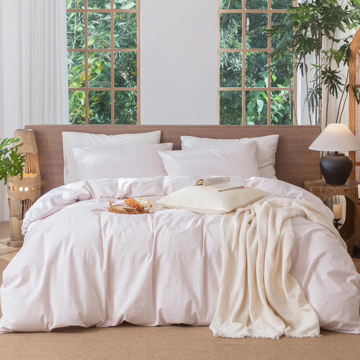 MooMee Striped Duvet Cover Set 100% Washed Cotton Linen Like Queen