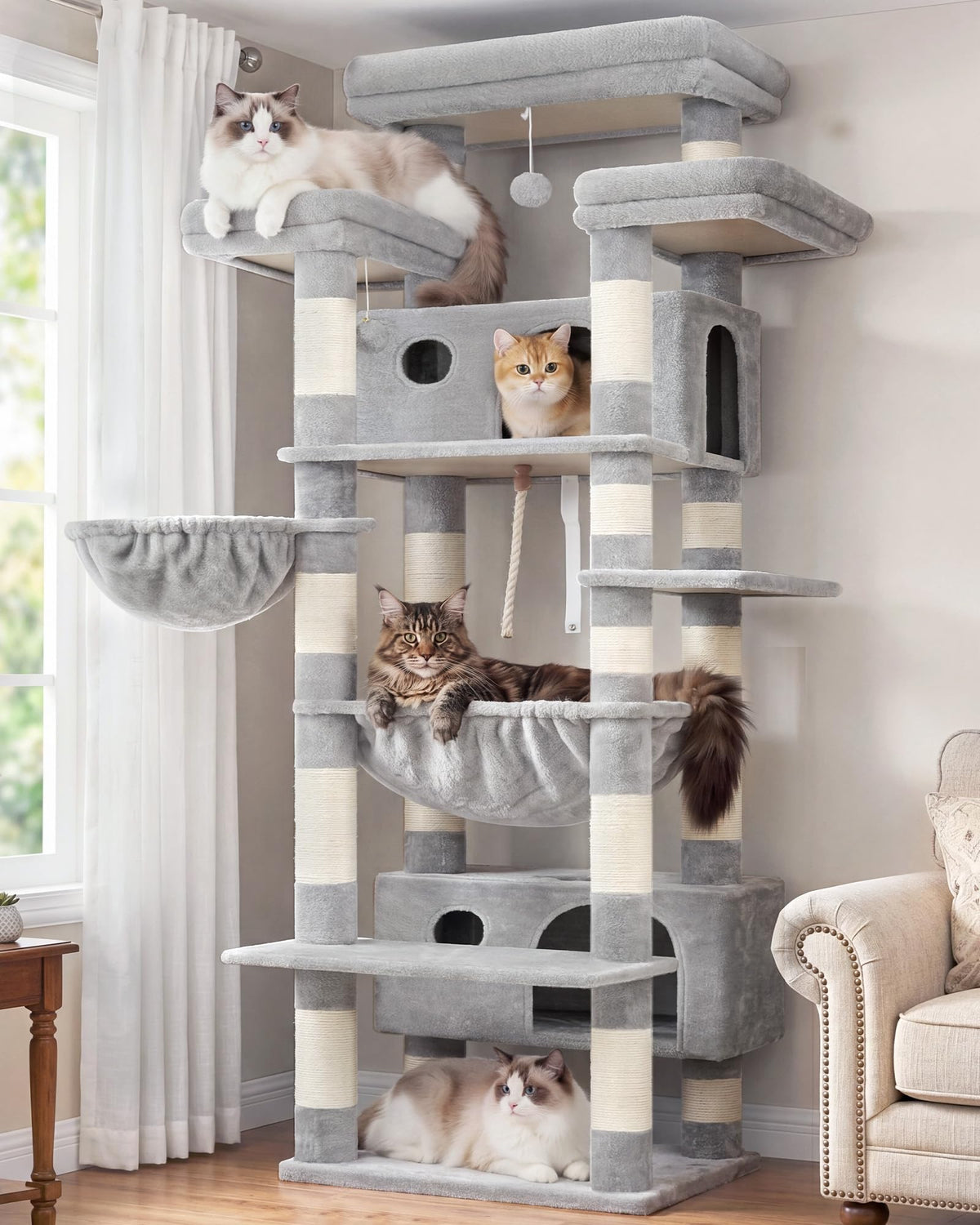 Gitelsnour Cat Tree, 74" Tower for Large Cats, Big Condo & Hammock GCT030W