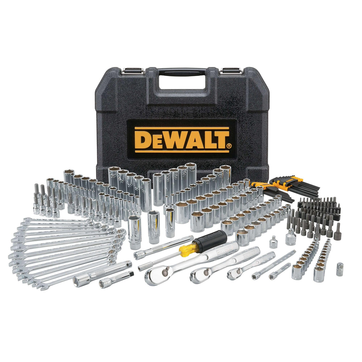 DEWALT Mechanic Tool Set, 247-Piece, 1/4 in., 3/8 in. and 1/2 in. Drive, SAE, Ratchets, Sockets, Hex Keys, Combination Wrenches, Polish Chrome Finish (DWMT81535)
