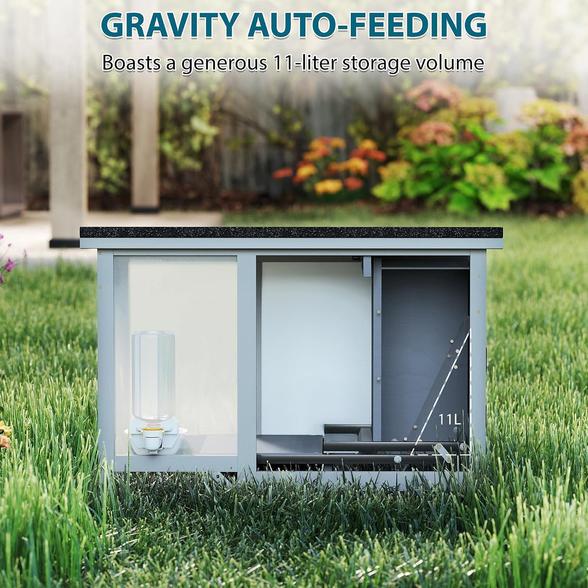 COZIWOW Weatherproof Outdoor Cat Feeding Station with Step-On Lid - 11L Capacity, All-Weather Asphalt Roof & Built-in Water Bottle for Stray Cats (Grey)