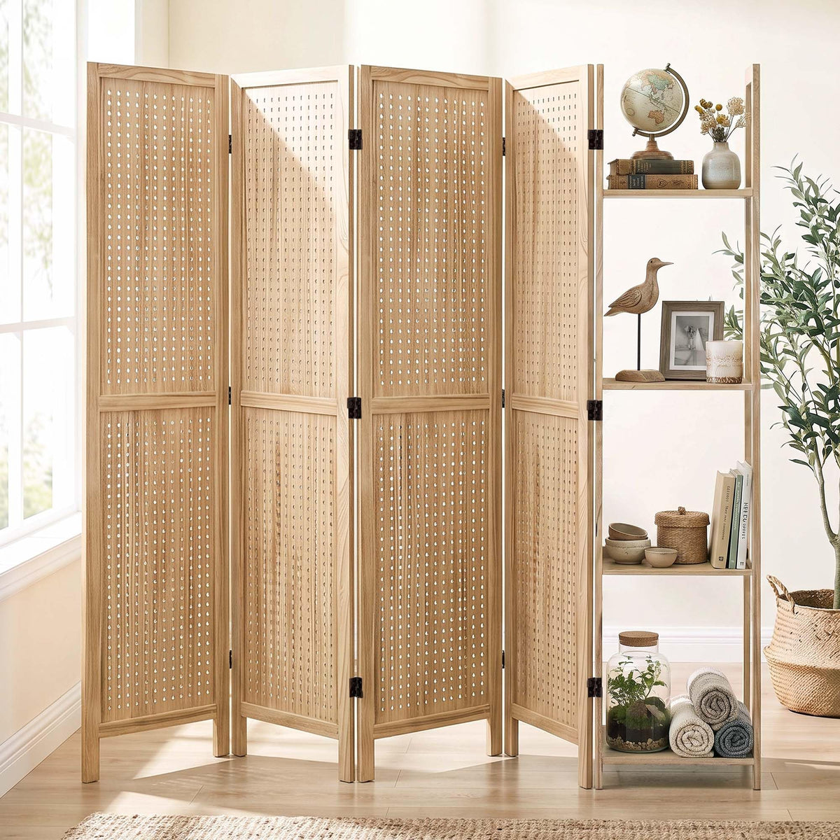 Pegboard Display, 5.6Ft Portable Freestanding Wall Organizer Wooden Room Divider Folding Privacy Screens for Craft Art Display Board (6 Panels, Natural)