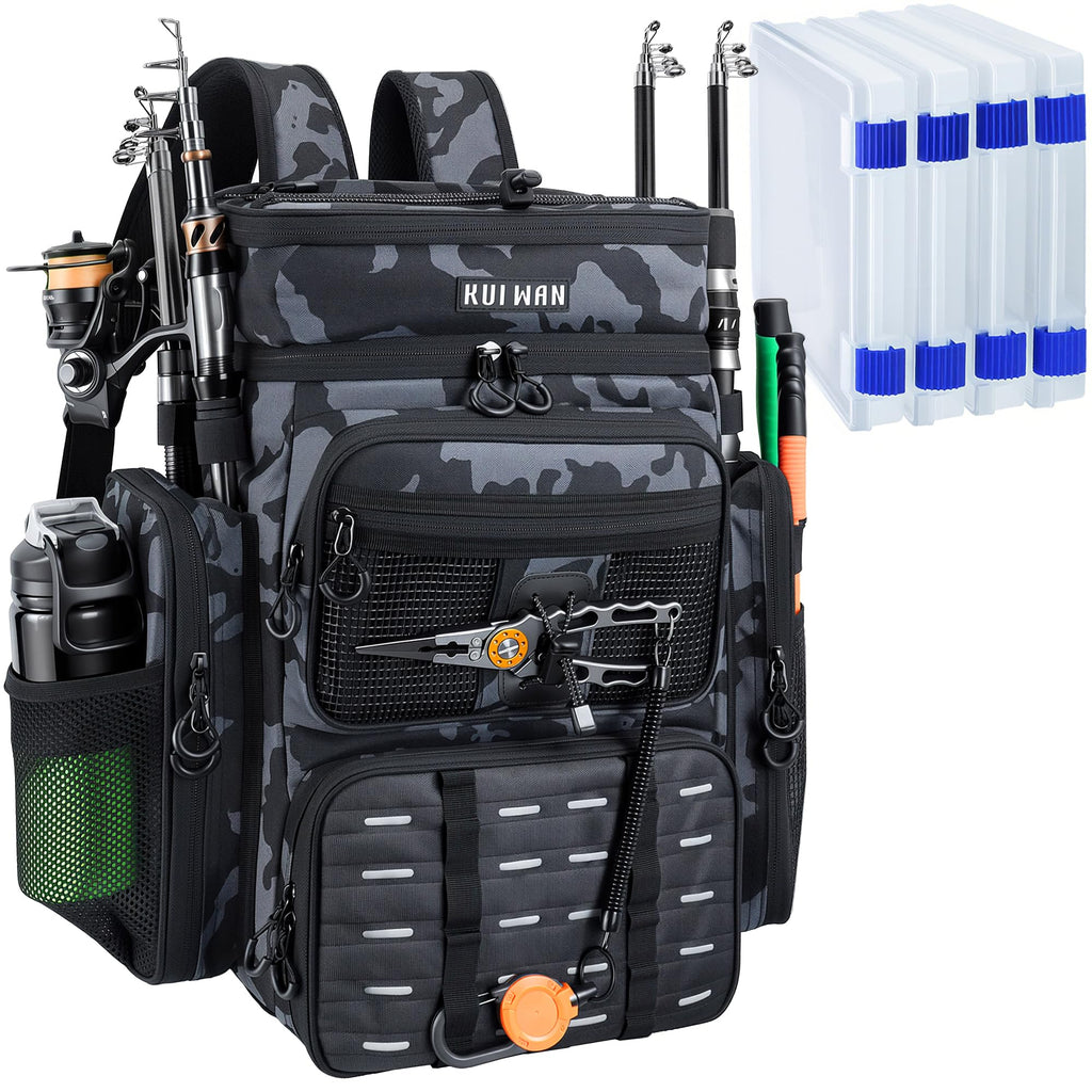 Fishing Backpack with Cooler & 4 Rod Holder, Large 45L Tackle Bag Store Fishing Gear Boxes Gifts for Men Woman-Camo Back Pack