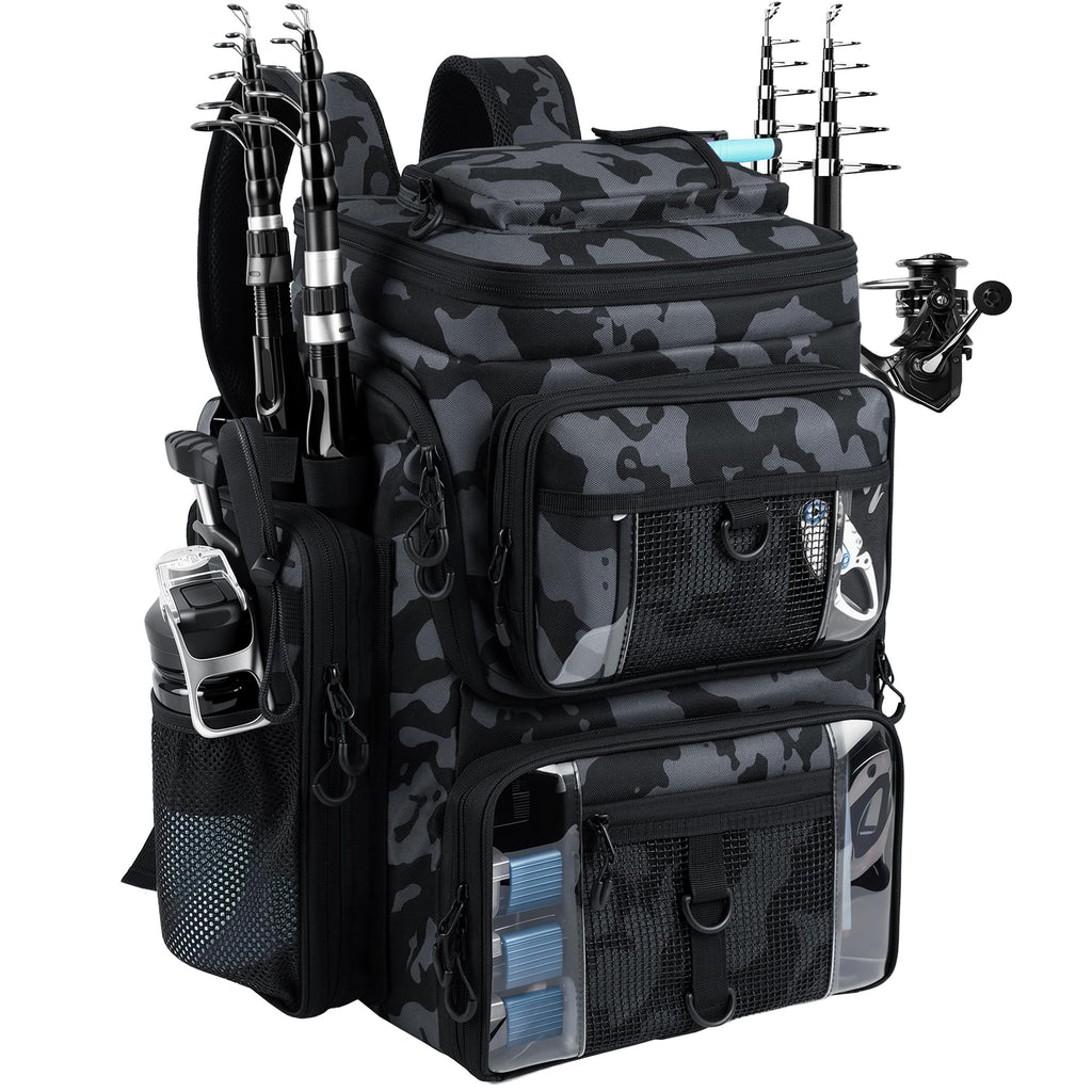 Fishing Tackle Backpack,55L Large Tackle Bag with 4 Rod Holders,Camouflage