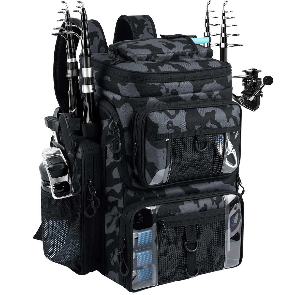 Fishing Tackle Backpack,55L Large Tackle Bag with 4 Rod Holders,Camouflage