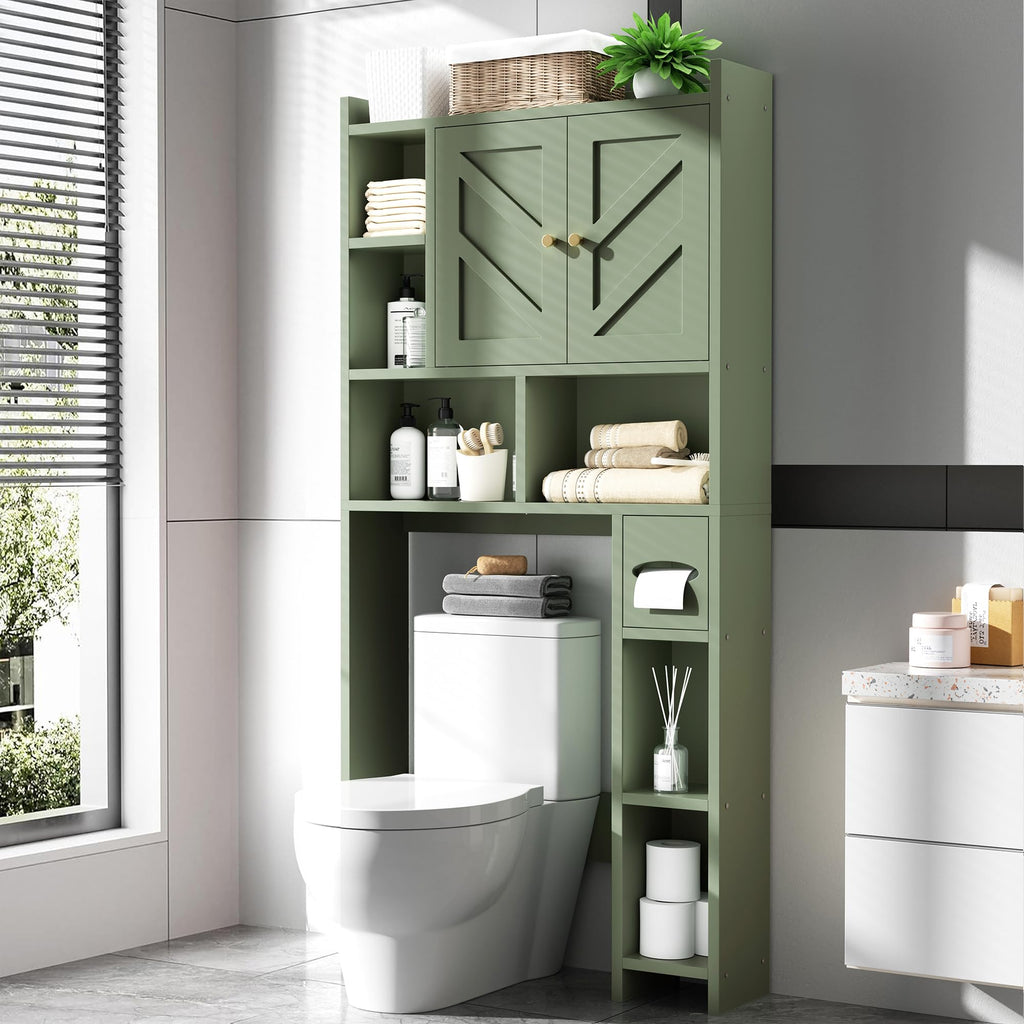Over the Toilet Storage Cabinet, Freestanding Farmhouse Storage Cabinet Over Toilet, Bathroom Organizer with Paper Holder Stand and Adjustable Shelf, Grey