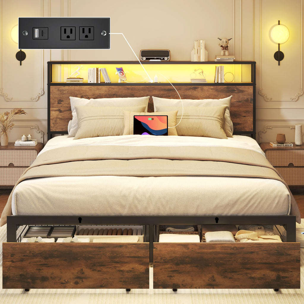 Queen Bed Frame with Charging Station, LED Lights, 2 Drawers, Rustic Grey