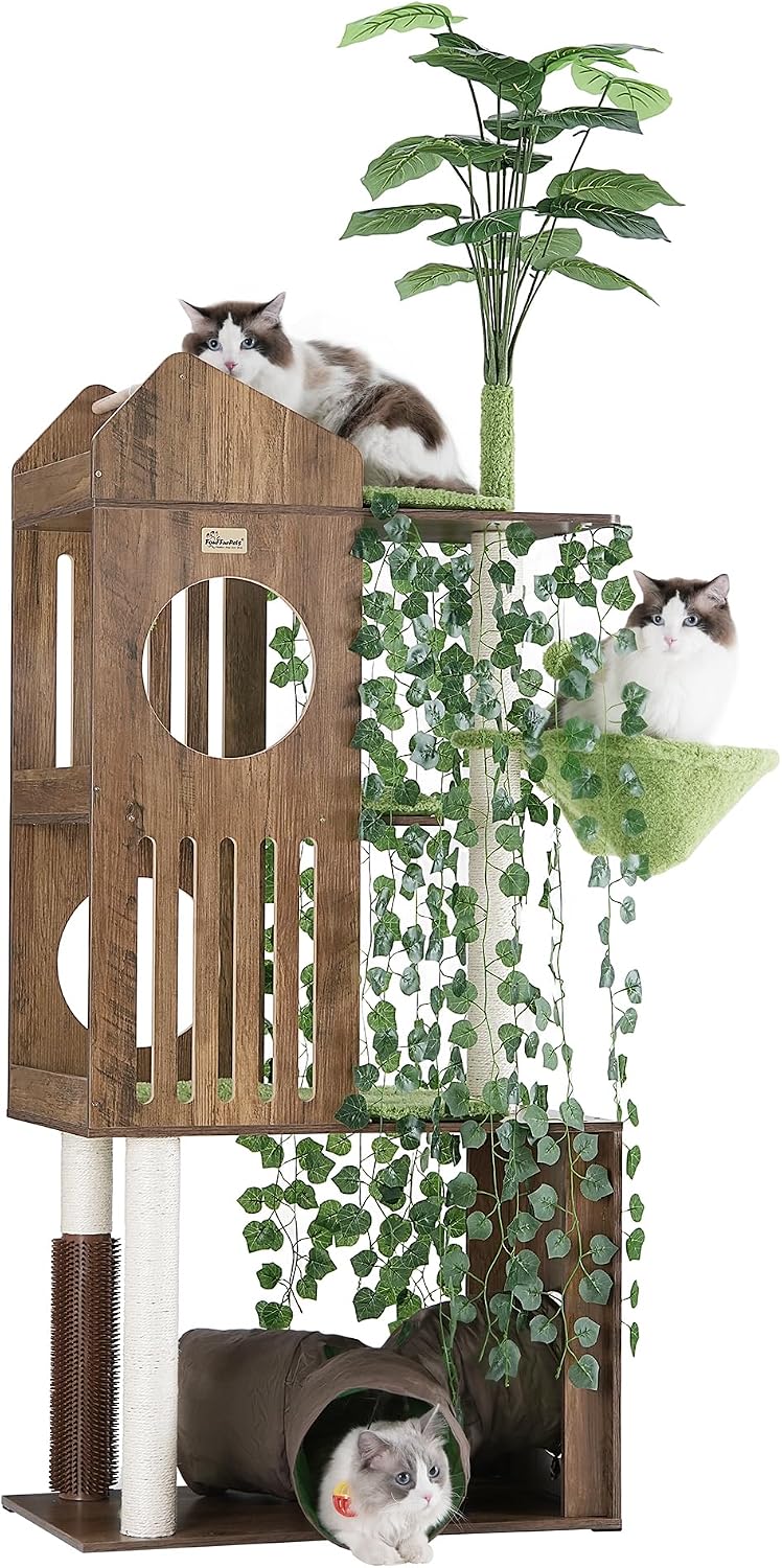 FourFurPets Large Cat Tree with Leaves, 72.8" Tall Cat Tower, Anti-tip Kit