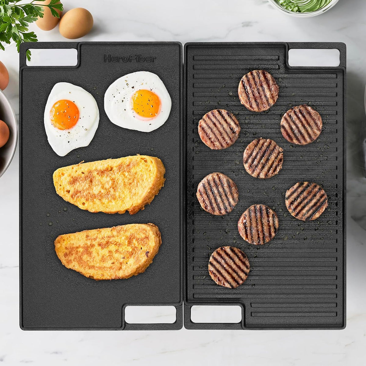 HeroFiber Cast Iron Reversible Grill/Griddle Set with Press, Scraper & Mitts - Pre-Seasoned, Non-Stick - 16.75"" x 9.5"" - Gas Stove, Grill, Camping, Outdoors, Black, OG7-18