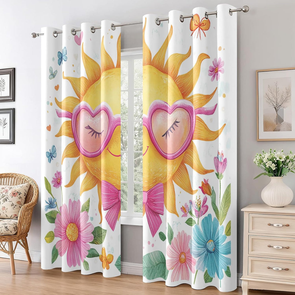Cute Sun Curtains Blackout for Living Room Bedroom, Colorful Floral Butterfly Curtains 108 Inch Length 2 Panels Set, Thermal Insulated Grommet Drapes - Girly Kawaii Home Decor Q3K-X16