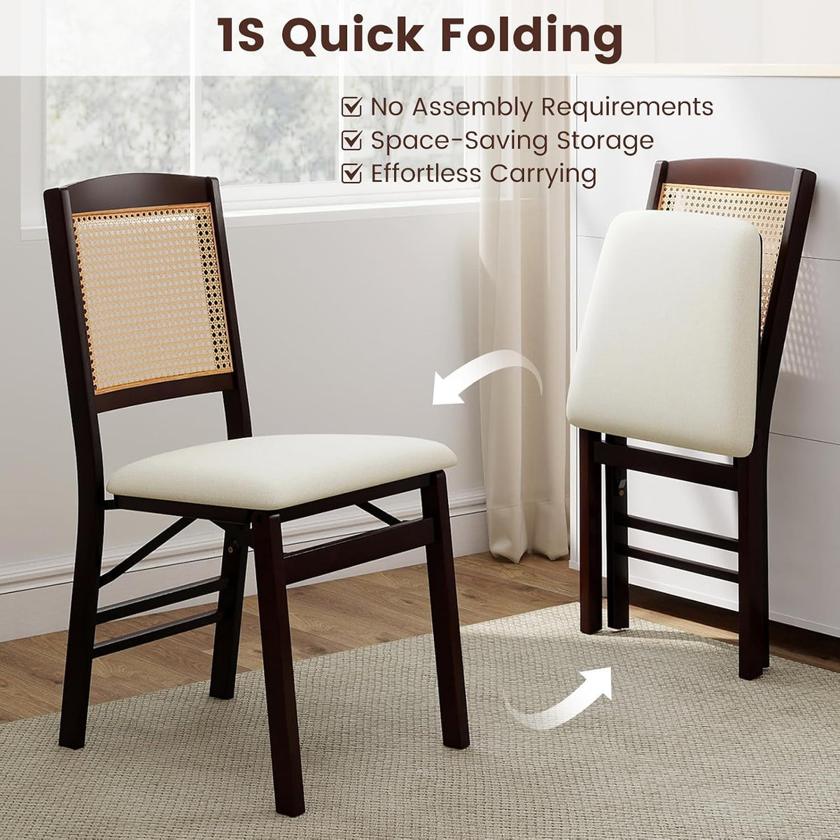 COSTWAY Folding Chairs Set of 4 w/Rattan Backrest & Padded Seat (Espresso)