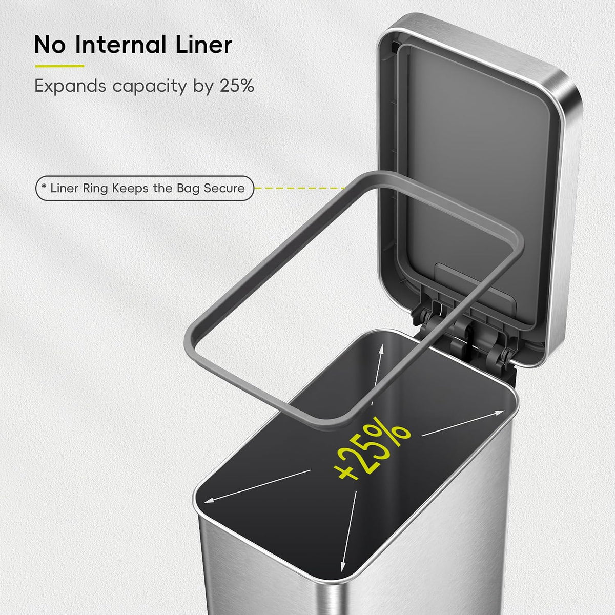 EKO Hudson Slim 50L / 13.2 Gallon Kitchen Trash Can with Lid, Stainless Steel Step Garbage Can for Kitchen or Home, Space-Saving Garbage Can with Soft Close Lid, Stay-Open, Liner Ring, Handle