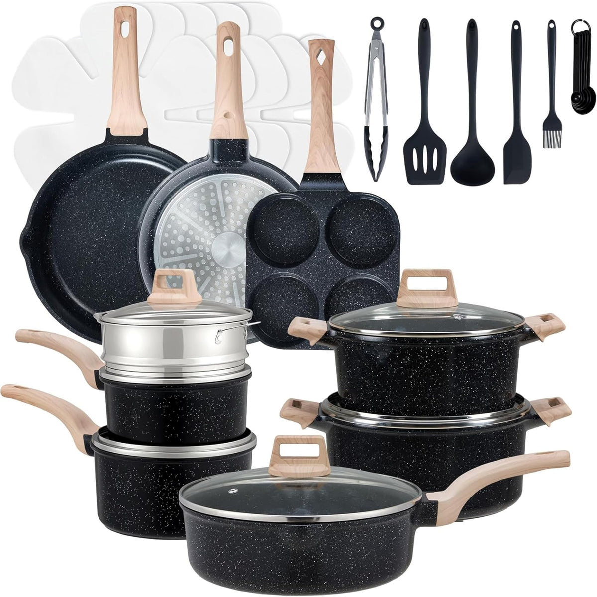 Simple Deluxe 12 Pcs Cookware Set, Non-Stick Pots and Pans Set, with Black Granite Texture and Detachable Handles, Resistant to High Temperatures, Oven Safe, PFAS and PFOA Free, Beige