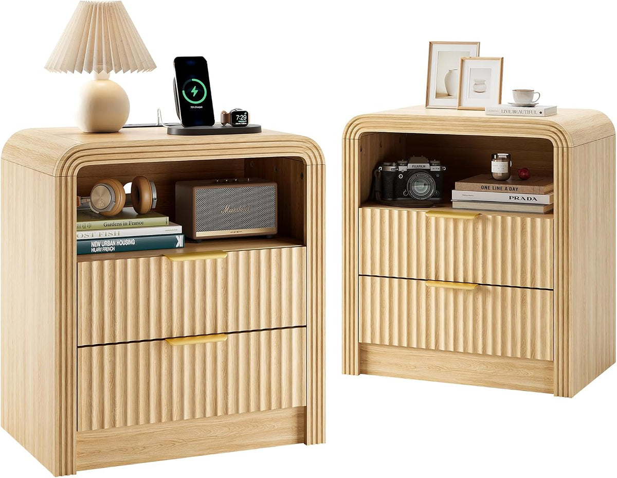 Decofy Fluted Nightstand Set of 2 with Charging Station, 2 Drawers, Oak
