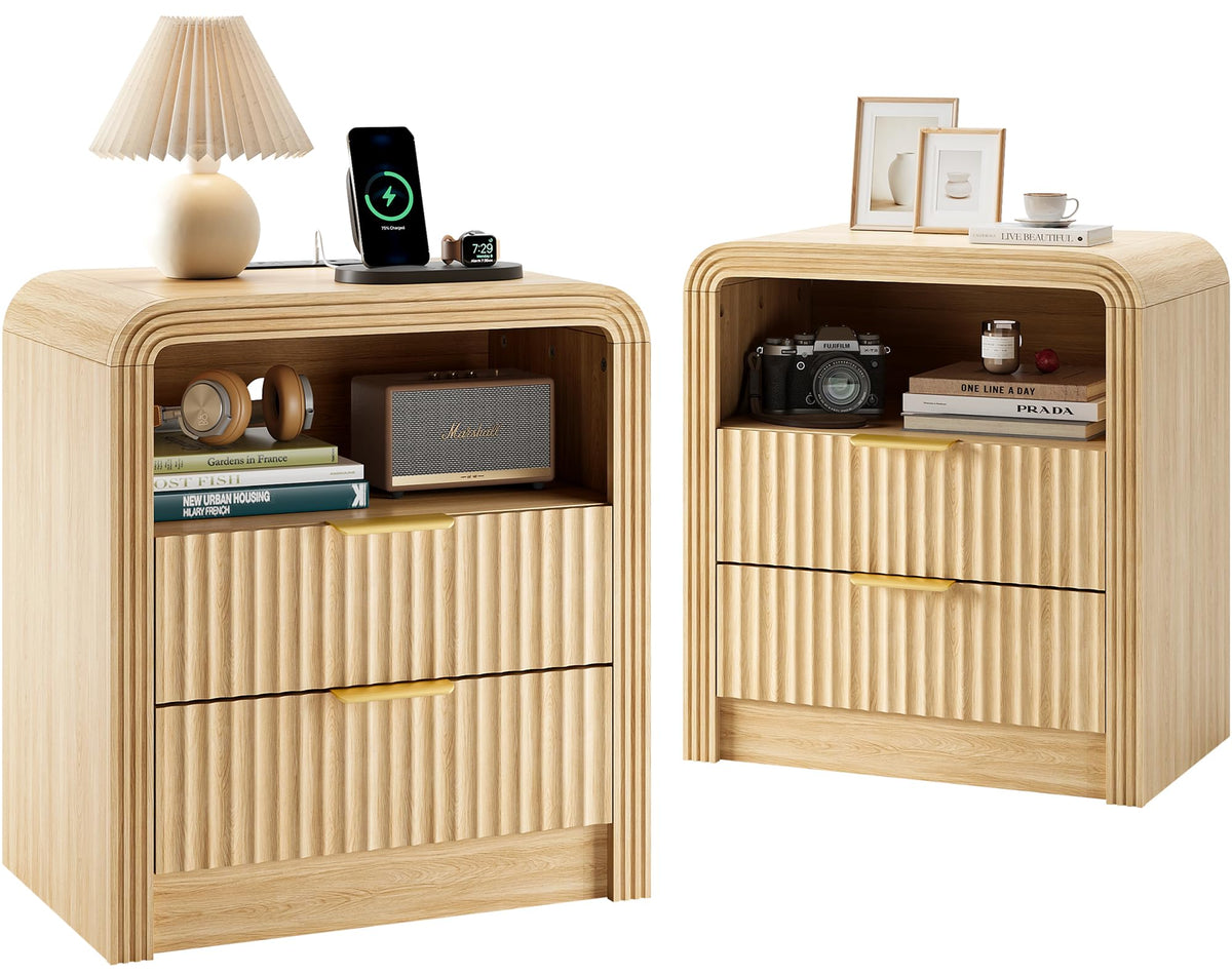 Decofy Fluted Nightstand Set of 2 with Charging Station, 2 Drawers, Oak