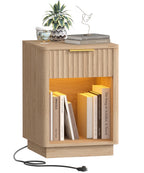 Akxomel Fluted Nightstand Set 2 Bedside Table with Charging Station Oak