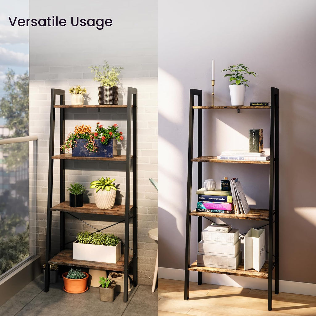 Ladder Shelf Bookcase, 4-Tier Bookshelf, Leaning Plant Stand, Storage Rack, Display Shelves with Steel Frame, Industrial Style for Living Room, Home Office, Kitchen, Bedroom - Rustic Brown and Black