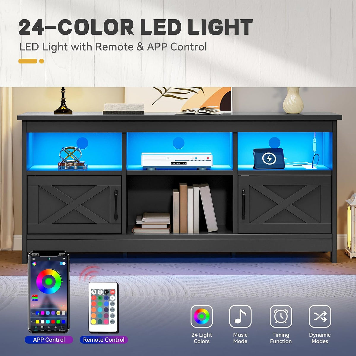 YITAHOME 59" TV Stand with Power Outlet & LED Light for 65 Inch TVs, Black