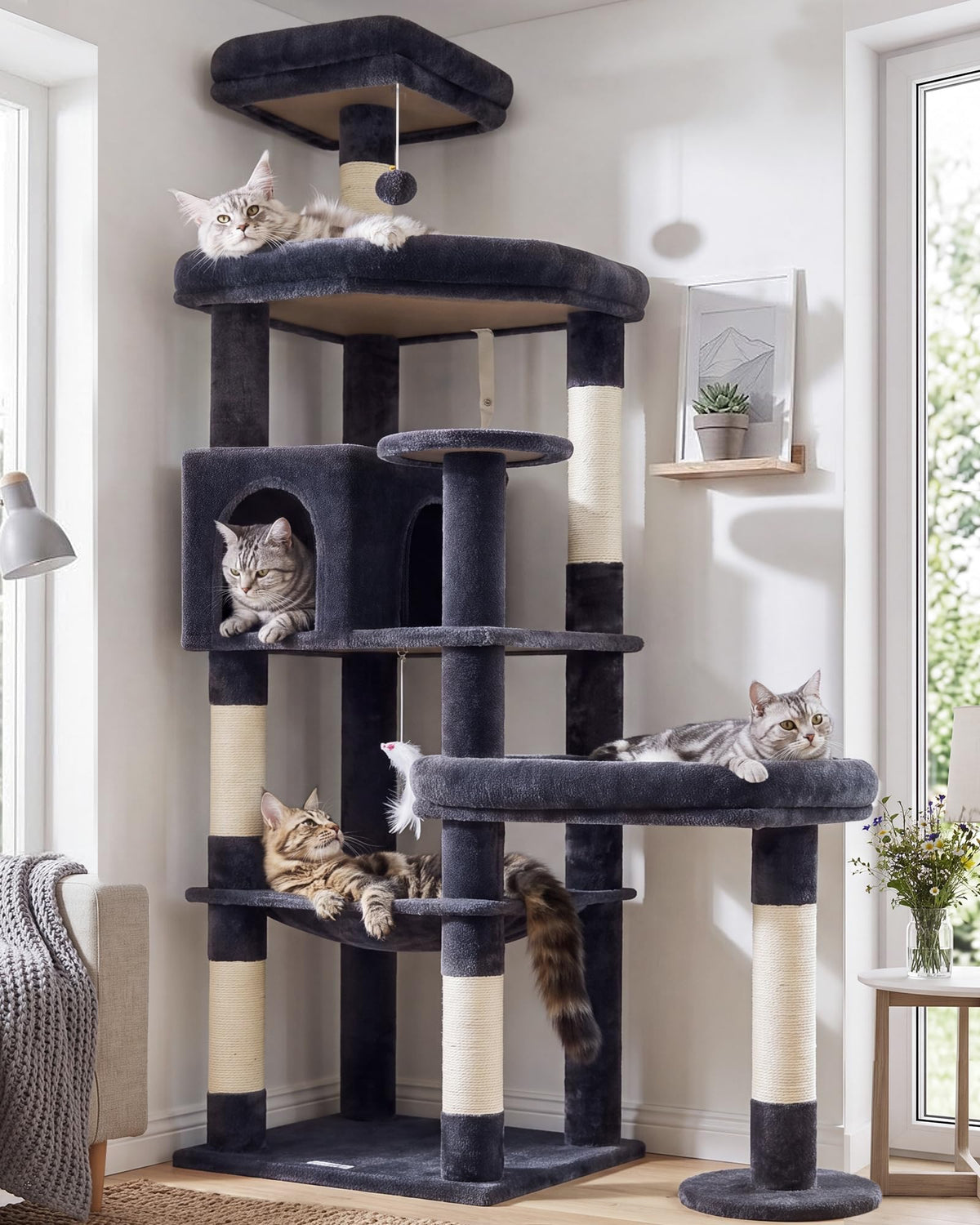 Globlazer 65in Sturdy Cat Tree Tower for Indoor Large Cats, S65, Beige