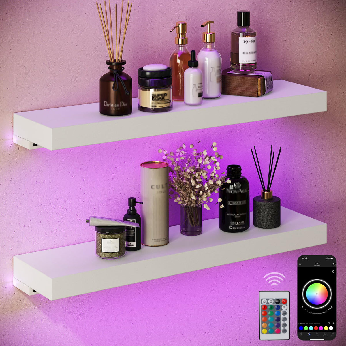 BAMEOS RGB LED Floating Shelves for Wall, 35" Wall Mounted Wooden Shelves with Invisible Brackets, Set of 2, Hanging Wall Shelves for Bedroom, Living Room, Kitchen, Study(Black)