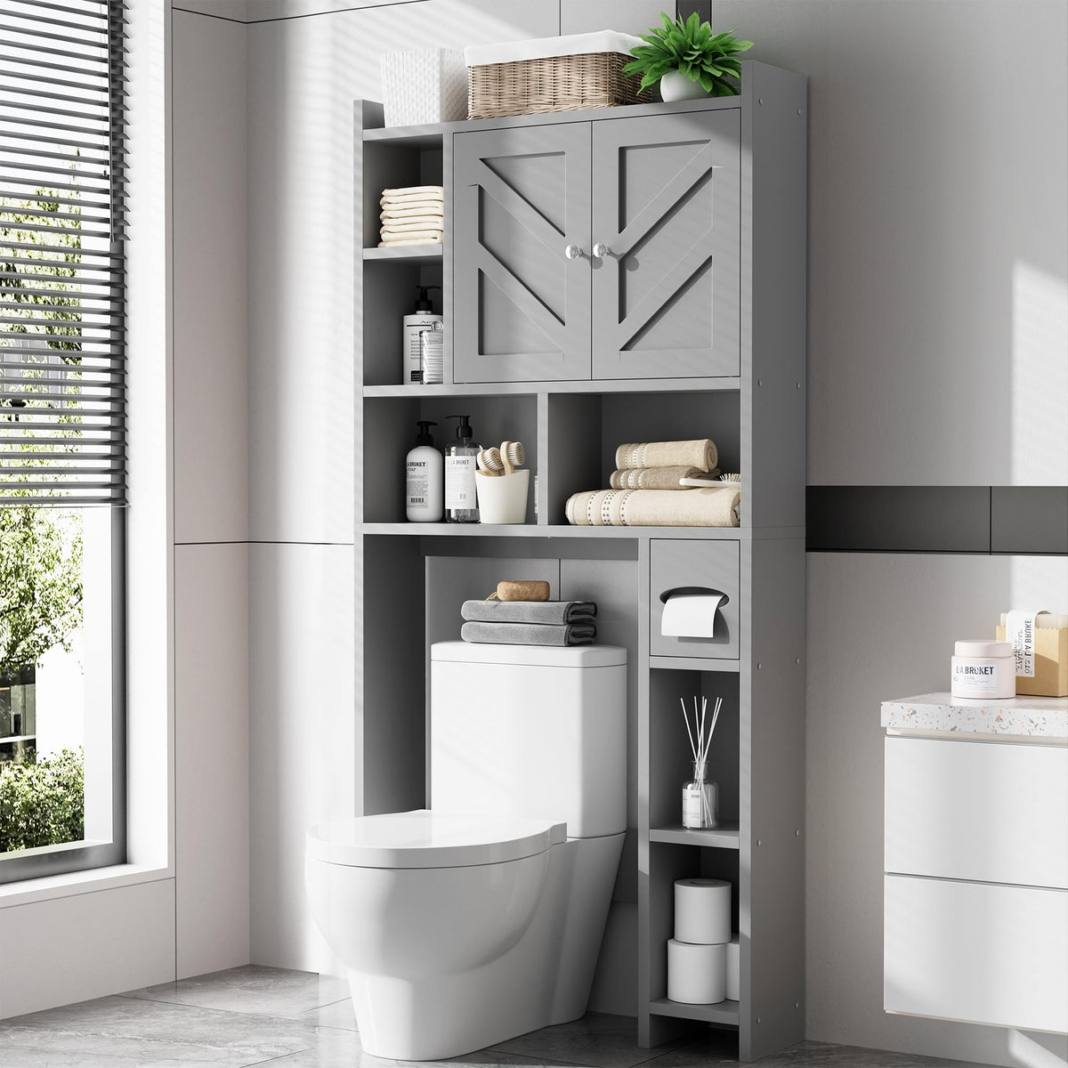 Over the Toilet Storage Cabinet, Freestanding Storage Cabinet Over Toilet, Bathroom Storages Organizer Cabinets with Toilet Paper Holder Stand and Adjustable Shelf, White