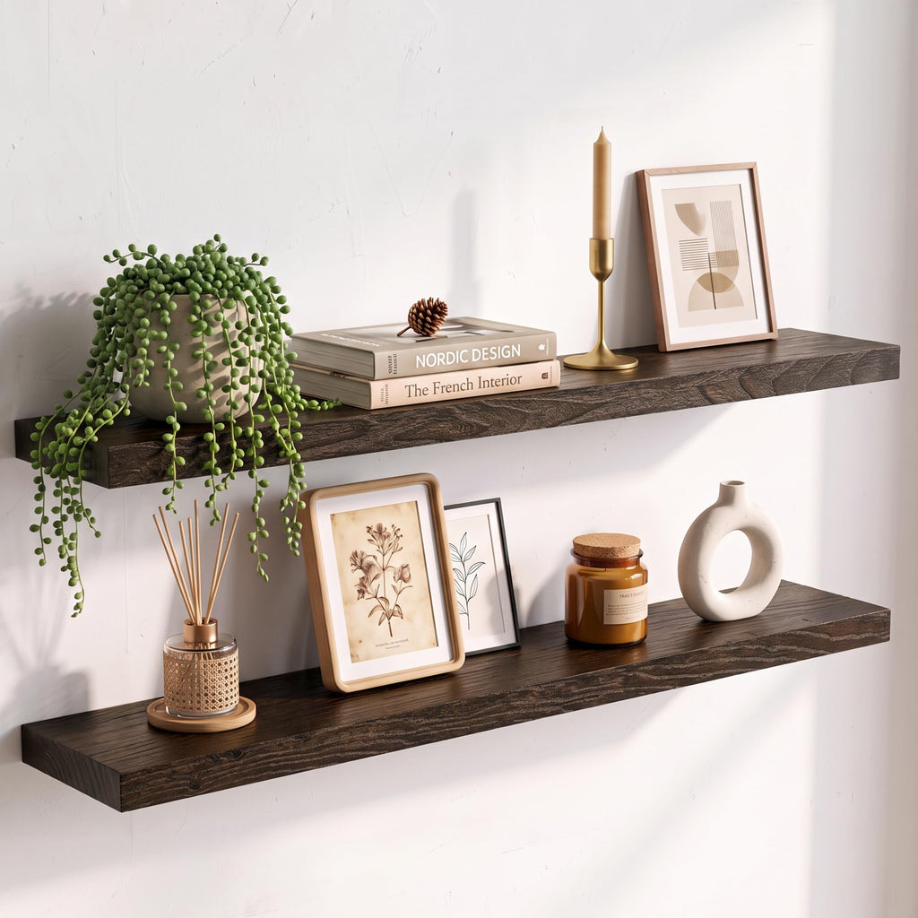 Live Edge Elm Floating Shelves - 24 In Rustic Solid Wood Shelves with Heavy-Duty Invisible Bracket, Wall-Mounted Wooden Shelf for Living Room, Bathroom, Kitchen Storage & Display, Set of 2, Natural